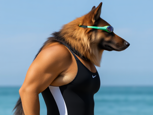 A tall and lean anthropomorphic long haired German shepherd with a long torso and broad shoulders wearing a high cut Nike one piece swimsuit and swimming goggles