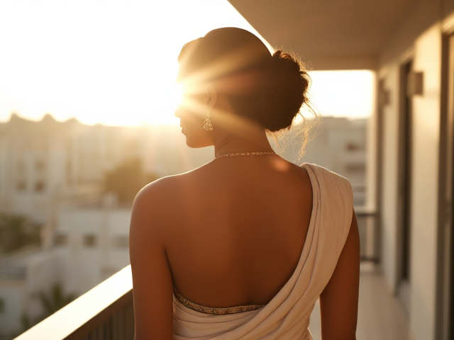 Skinny Indian woman with brown hair, white saree, and gold bangels, back facing the angle on a balcony, face not visible