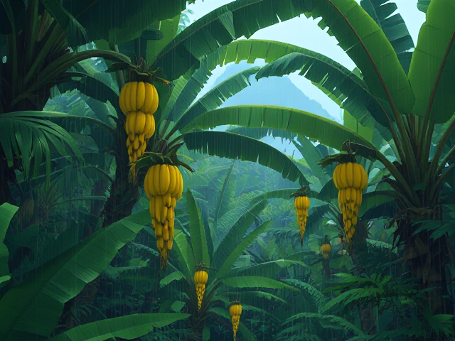 illustrative  Disney 1980's art. A lush vast tropical forest with banana trees bearing ripe bananas hanging naturally. It's raining.
