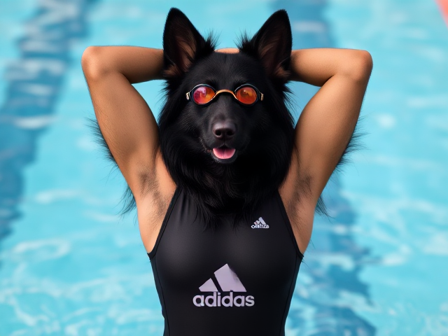 A tall anthropomorphic long haired black German shepherd wearing an adidas swimsuit and swimming goggles stretching her arms out over her head before a swim