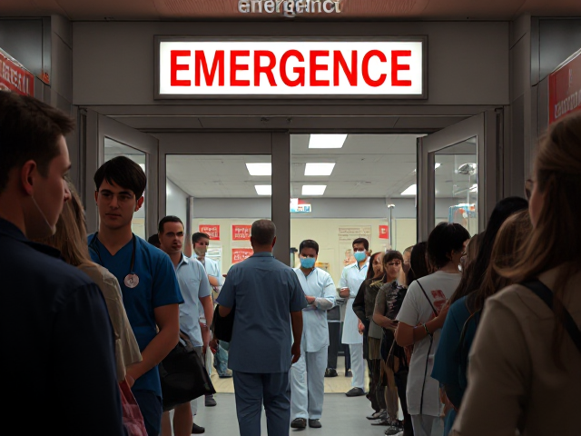 Vue détaillée de l'entrée des urgences en france signalisation claire et bien visible, personnel médical en action avec expressions concentrées et dynamiques, patients en attente, éclairage lumineux et ambiance animée, détails nets