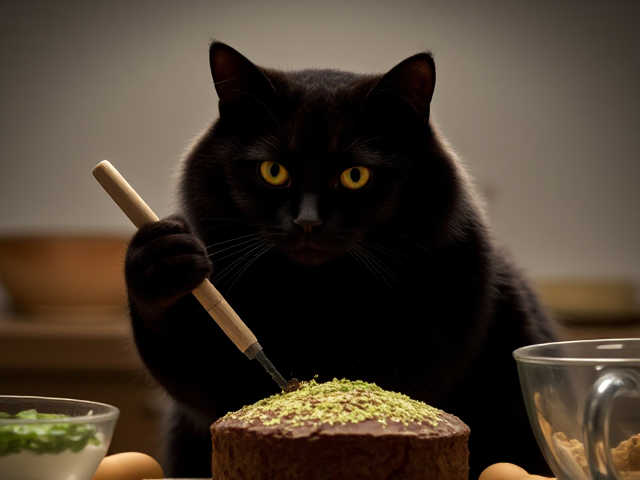 A black cat is baking a cake with ingredients that include catnip, the overall scene is light hearted and humorous.