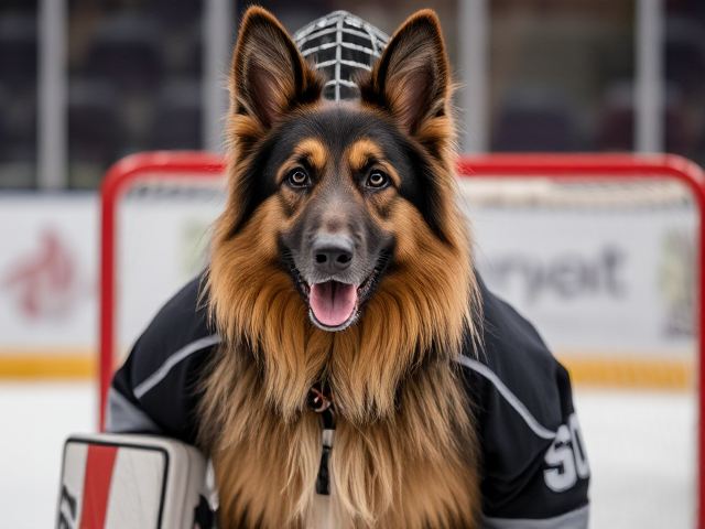 A long haired German shepherd wearing hockey goalie gear