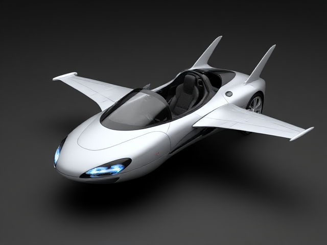 futuristic flying car. The wheel pulled up into the body, wings extending from below the driver seat. Tails on both rear corners of the car.