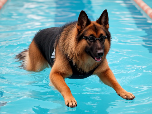 A tall anthropomorphic long haired German shepherd wearing an adidas swimsuit and swimming goggles stretching before a swim