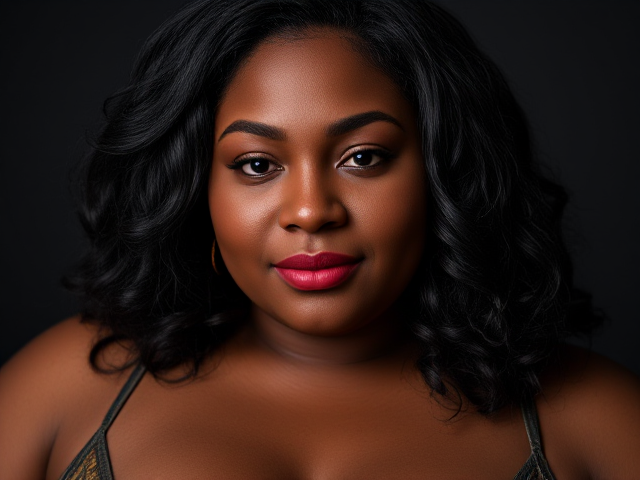 voluptuous big black woman, confident pose, intricate details, vibrant colors, realistic lighting