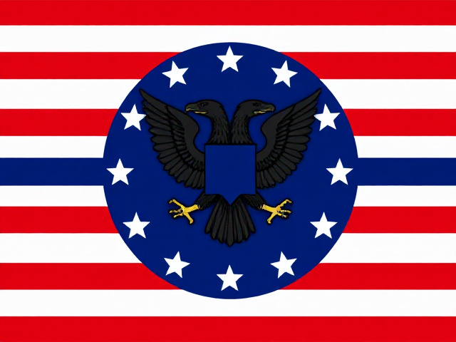 Le drapeau des Nouveaux États-Unis se compose d’un fond à bandes horizontales alternées rouges et blanches, dans un motif régulier sur toute la hauteur du drapeau, à la manière d’un code visuel martial et uniforme. Ces bandes évoquent à la fois l’ordre et la rigidité imposée par l’État. Au centre du drapeau, une large ligne horizontale bleue traverse l’ensemble du drapeau d’un bord à l’autre, contrastant fortement avec les rayures sous-jacentes. Placé au centre exact, un grand cercle bleu profond s’impose comme l’élément principal. Ce cercle contient, en bordure intérieure, un cercle complet d’étoiles blanches à cinq branches, réparties uniformément, représentant l’unité forcée ou l’expansion des territoires. En son cœur trône un aigle bicéphale stylisé, noir ou gris très sombre, aux lignes nettes, aux ailes repliées ou semi-déployées. Les têtes opposées expriment la surveillance constante dans deux directions, tandis que son plumage est dessiné en formes anguleuses et acérées, inspirant la peur et la domination. L’aigle ne tient rien dans ses serres, mais celles-ci sont bien visibles, grandes et ouvertes, renforçant sa présence menaçante. L’ensemble du drapeau projette une image d’autorité totale, de puissance centralisée et de surveillance implacable.
