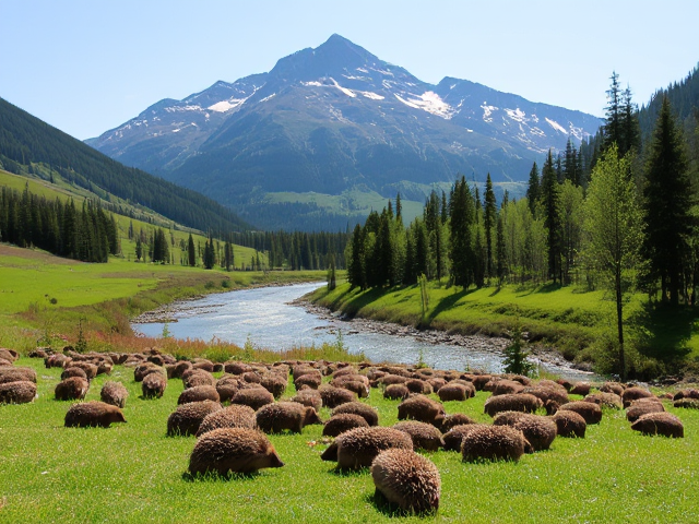 Nature with mountain and river. The weather is sunny and there are a lot of hedgehogs.