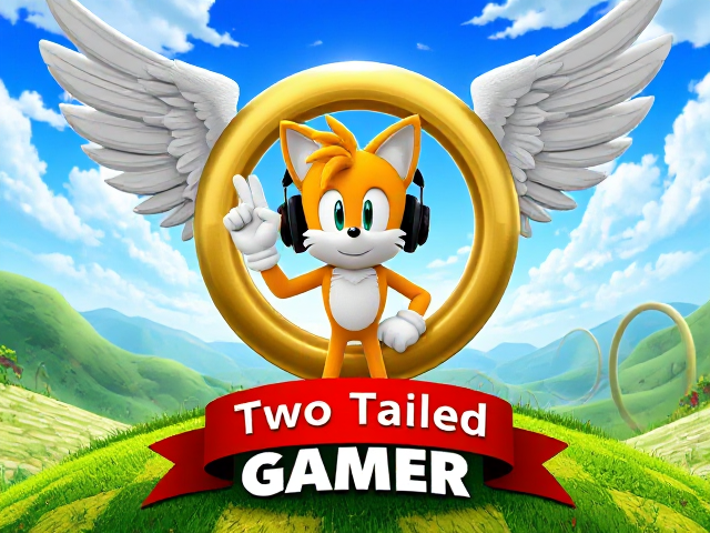 A detailed and vibrant close-up depiction of a zone reminiscent of the iconic Green Hill Zone from the Sonic the Hedgehog video game series, featuring lush green grass, checkered soil patterns, loop-de-loops in the background, and bright blue skies with fluffy clouds. In the middle is a giant gold ring with big angel wings on its sides, shimmering in the sunlight. Miles "Tails" Prower stands inside the ring, leaning on one side of it while wearing a sleek modern gaming headset. Tails is giving us a peace sign with his hand, his fur appearing detailed and vibrant. Tails has his back slightly facing us, showing off his twin tails swaying gently. Below the ring is a red and white banner with "Two Tailed Gamer" written on it in bold letters