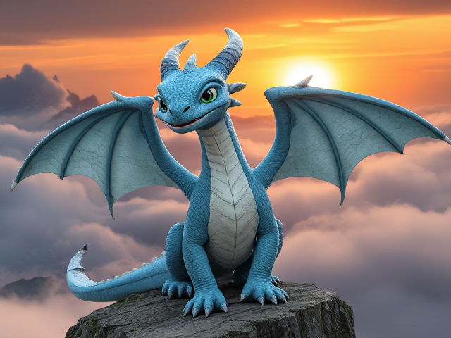 Young three-eyed, sky blue-scaled, dragon with large, intricately detailed wings; shimmering white chest scales; adorned with multiple icicle-like horns on the head; surrounded by ethereal misty clouds; perched majestically on a rugged rocky cliff, illuminated by a dramatic sunset backdrop; maintains a serious facial expression; baring his teeth