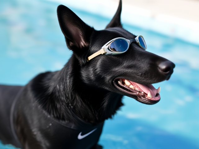 Anthropomorphic black German shepherd wearing a Nike swimsuit and swimming goggles