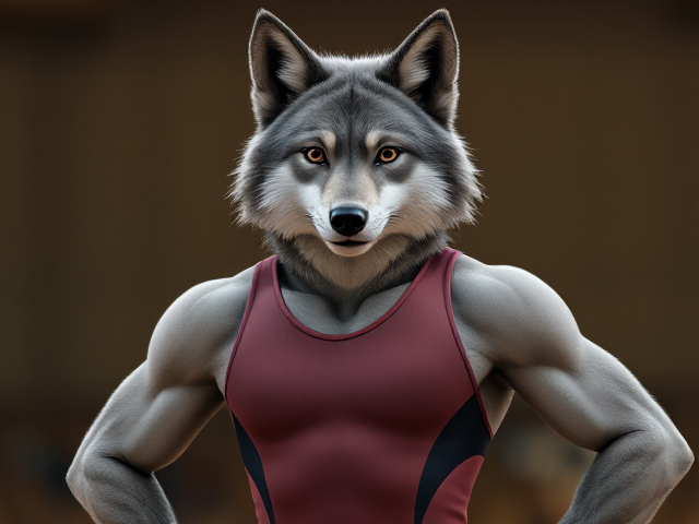 A anthropomorphic gray wolf Olympic gymnast with broad shoulders wearing a leotard