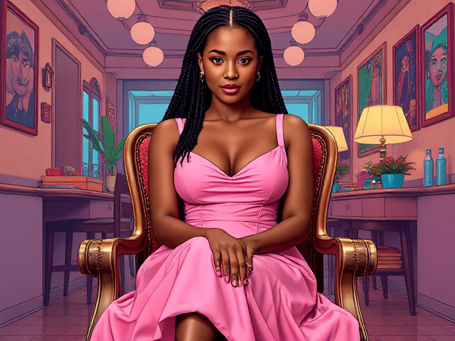 jeune femme noire de 19 ans avec des tresses, portant une élégante robe rose, assise gracieusement sur une chaise dans un environnement lumineux et détaillé