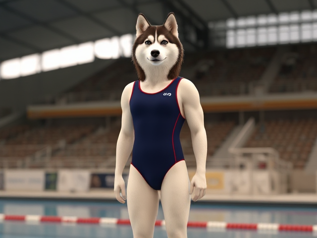 A tall ((anthropomorphic)) Siberian husky Olympic swimmer with a long torso  wearing a one piece swimsuit standing on the pool deck