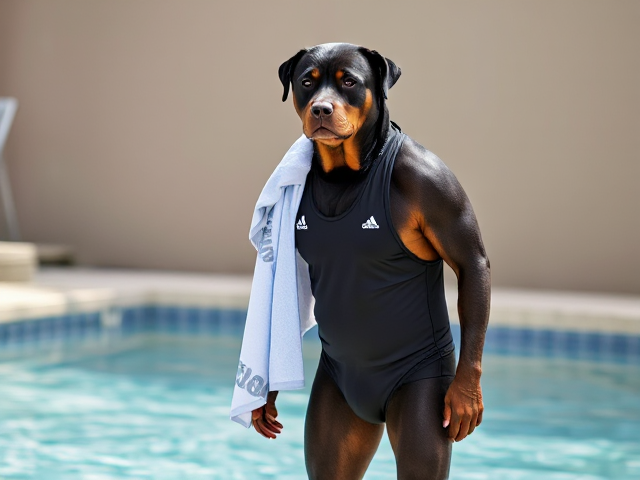 A tall anthropomorphic Rottweiler wearing an adidas swimsuit drying off with a towel