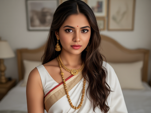 Indian woman with brown eyes, brown hair in a bedroom with a  full white saree on and gold bangels, earrings, rights, and anklets, moles on cheek and forehead, no blurry background