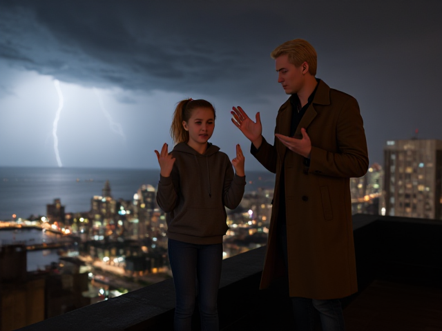 A petite 13-year-old girl with strawberry blonde hair in a ponytail, wearing a hooded pullover and jeans, is standing on the roof ledge of a night club. Next to her on the roof, standing nearby is a modern-day, pale skinned vampire in his late twenties, with blonde hair, dressed in a brown trench coat and jeans. He appears uneasy as he looks at her, holding his hands out and palms up, taking a step back. The girl gestures angrily at him with her hands, flailing her arms and scowling angrily at him in frustration. A thunderstorm approaches the cityscape from the sea shore. Set at night. The girl has a cut in her forehead.