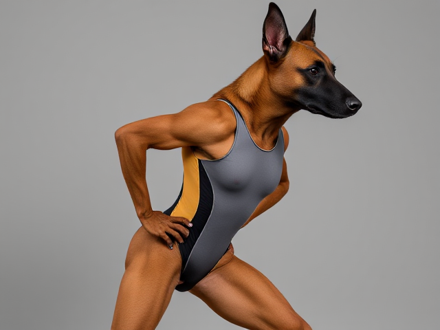 Anthropomorphic Belgian Malinois with strong hips, wearing a gymnastics leotard, dynamic pose, detailed fur, athletic build, vibrant colors