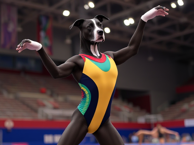 Anthropomorphic Great Dane wearing a colorful gymnastics leotard, showcasing flexibility and elegance in a dynamic pose, with a vivid background of a gymnastics arena