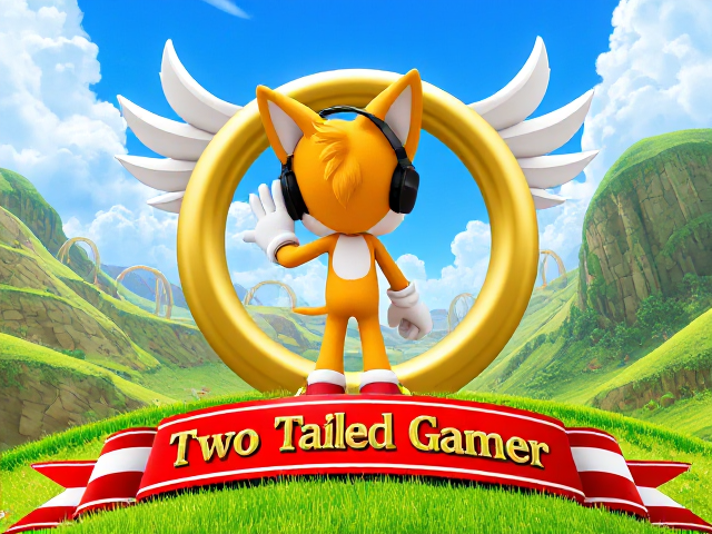 A detailed and vibrant close-up depiction of a zone reminiscent of the iconic Green Hill Zone from the Sonic the Hedgehog video game series, featuring lush green grass, checkered soil patterns, loop-de-loops in the background, and bright blue skies with fluffy clouds. In the middle is a giant gold ring with big angel wings on its sides, shimmering in the sunlight. Miles "Tails" Prower stands inside the ring, leaning on one side of it while wearing a sleek modern gaming headset. Tails is giving us a peace sign with his hand, his fur appearing detailed and vibrant. Tails has his back slightly facing us, showing off his twin tails swaying gently. Below the ring is a red and white banner with "Two Tailed Gamer" written on it in bold letters
