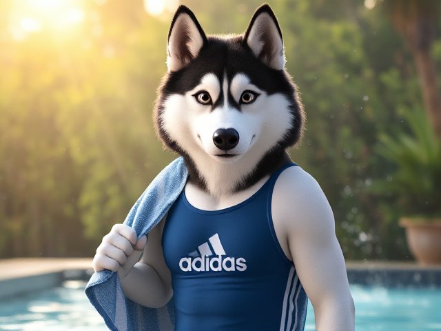 A tall anthropomorphic Siberian husky wearing a adidas swimsuit drying off with a towel 27826409