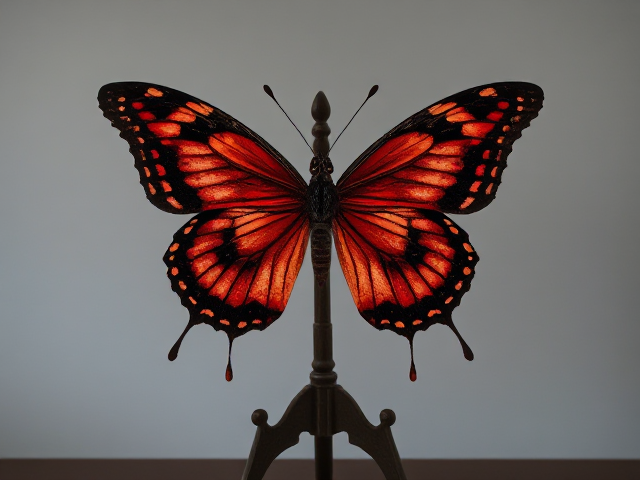 Bloody butterfly, realistic painting, on a stand, with good lighting