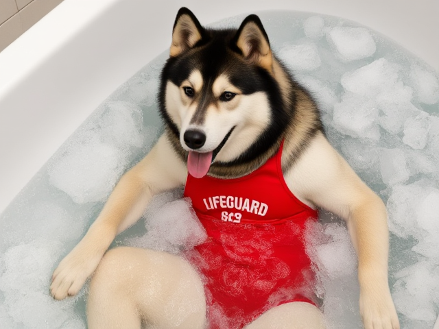 A anthropomorphic alaskan malamute with broad shoulders wearing a red lifeguard one piece swimsuit in a bathtub full of ice