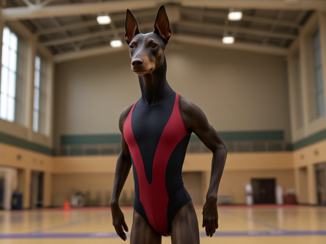 A anthropomorphic Doberman wearing a gymnastics leotard in a gymnasium