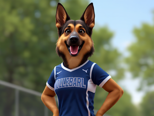 A anthropomorphic German shepherd with a long torso wearing her volleyball uniform