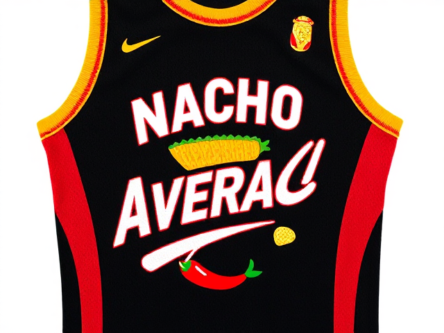 A singlet for nacho average squad with gold trim, black main colour, red highlights and a corn chip and hot chilli theme