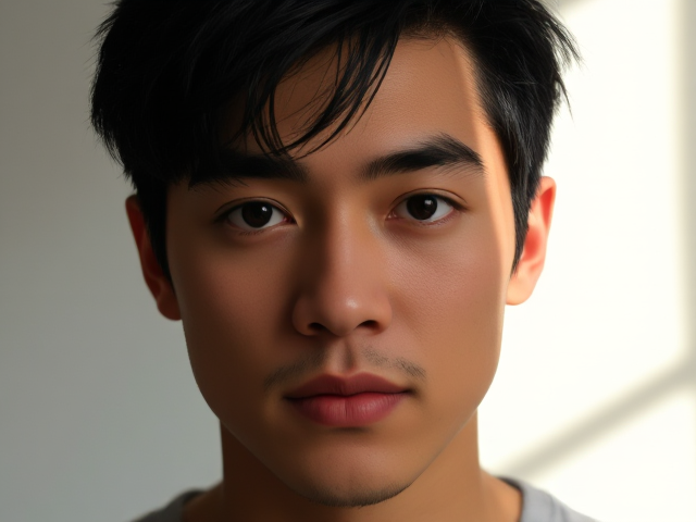Tan, heterochromia eyes, black hair, male