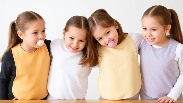 Quatre filles adolescentes debout à table elles ont les cheveux de différentes couleurs lisses et dégage à l’avant  elles ont des grands bavoir simple  de différentes couleurs et des tétine en bouche elles ont des tee-shirt manche longue et se font un gros câlins