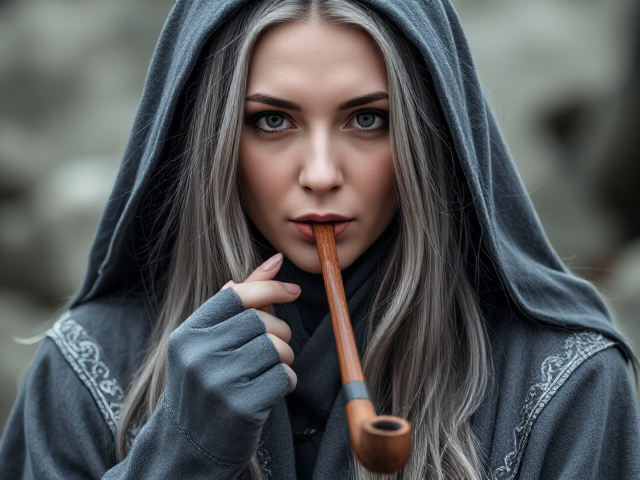 A stock photo of a female wizard, long grey hair with small braids, thick grey robes with intricate silver trim, grey fingerless gloves, smoking a long thin wooden pipe. Mood: mystical and serene. Dominant colors: shades of grey, silver, and earthy brown. Soft, diffused lighting, shallow depth of field, portrait composition, eye-level angle, focus on facial expression and pipe details.
