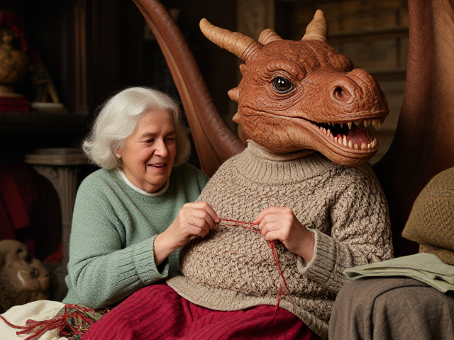 Old woman knitting a sweater on a giant dragon
