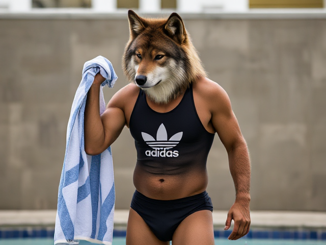 A anthropomorphic wolf wearing an adidas swimsuit drying off with a towel