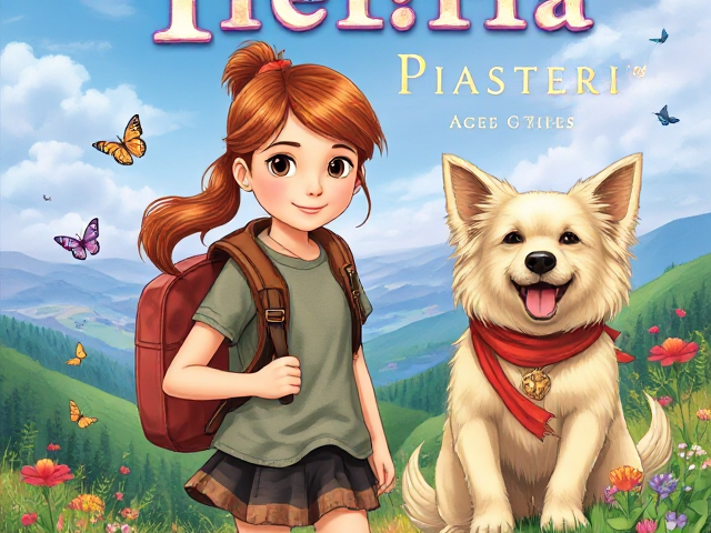 children's fiction book cover for girls aged 7-12, featuring an 11-year-old girl with hazel eyes and copper brown long hair in a pony tail with a red ribbon, wearing a backpack and investigating a mystery. She stands on a fantasy hillside, surrounded by butterflies and birds. Next to her is an excited medium size shaggy long-haired cream-colored dog with long floppy ears wearing a red scarf around its neck. Both are searching for clues