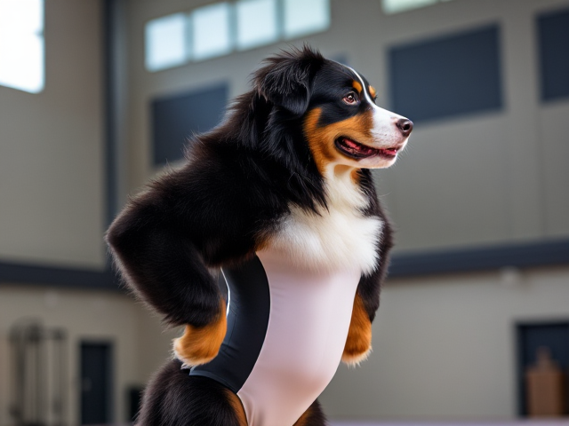 Bernese mountain dog with strong hips, wearing a gymnastics leotard, inside a gymnasium, dynamic pose, vibrant lighting, detailed fur