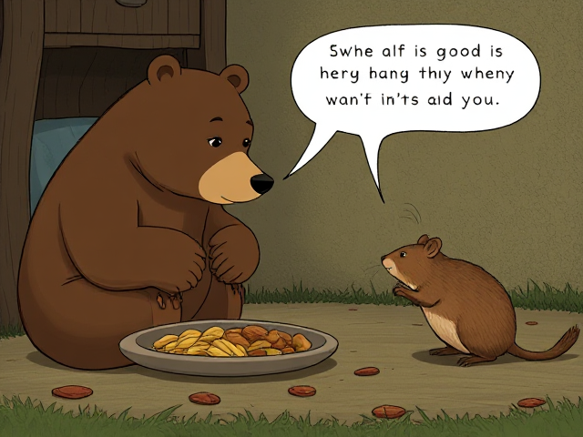Un ours gentil qui gronde une musaraigne qui mange tous les vivres de la maison