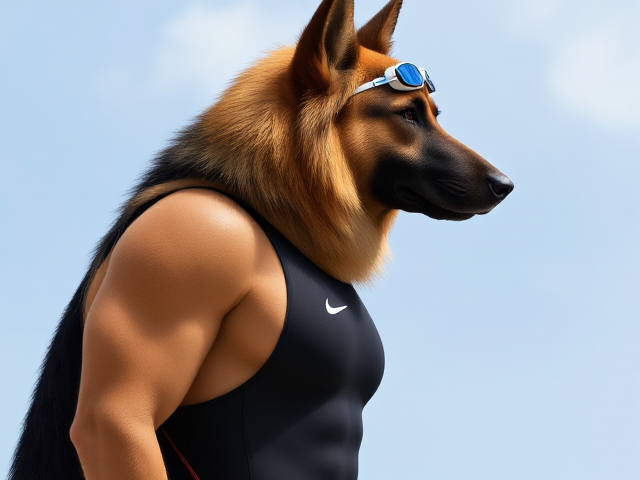 A tall and lean anthropomorphic long haired German shepherd with a long torso and broad shoulders wearing a high cut Nike one piece swimsuit and swimming goggles