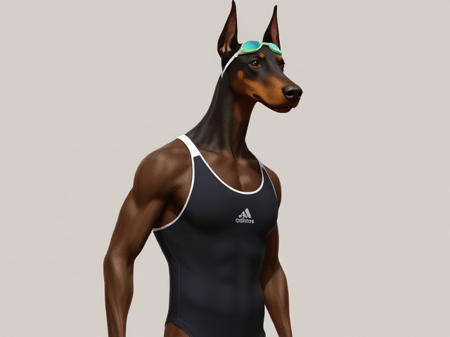 A tall anthropomorphic Doberman with a long torso and broad shoulders wearing a Adidas one piece swimsuit and swimming goggles