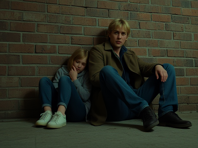 a petite, 13-year-old girl with strawberry blonde hair, wearing jeans and a hooded pullover, sits slumped with her back against a brick wall, feet forward, legs outstretched. Next to her sits a modern-day male vampire, 28 years old, with pale skin and blonde hair, dressed in jeans and a brown trenchcoat. The vampire is slumped against the wall as well, feet forwards, legs outstretched. The girl has a forlorn look and rests her head on the vampire's shoulder. Set at night in an abandoned warehouse, in a holding room with no windows. The vampire is roughed up from a fight. Both have their backs against the wall. 
The vampire looks straight ahead, worried..