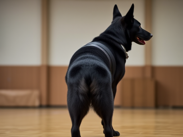 Anthropomorphic black German shepherd, standing tall with broad shoulders and wide hips, wearing a gymnastics leotard in a gymnasium, detailed fur texture
