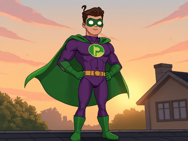 Dramatic Cartoon scene: A young, Autistic 25-year old boy with light skin and flat, smooth, and slick brown hair with a singular curled bang in the shape of a P sticking out at the front named T.J. Granger, but transformed into a genetically-altered superhero named Powerman, who, despite still being a young adult kid, has an extremely muscular body. He wears a sleek purple bodysuit with a green P symbol on his chest, a golden belt with a circular buckle, green briefs, green boots, green long-cuffed gloves, a really big, toe-length long, ultra-wide green cape wreathed around his neck, and a green eye mask that protects his true identity and also causes his pupils to magically disappear as his eyes glow an eerie white. He also has incredible and invincible superpowers flowing through his veins. In this scene, Powerman is currently standing on the roof of his house in the morning, ready for action.