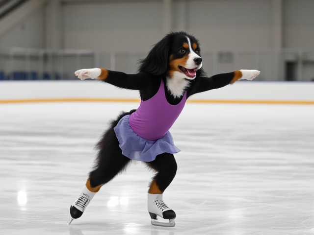 A anthropomorphic Bernese mountain dog ice skating wearing a gymnastics leotard in a ice rink