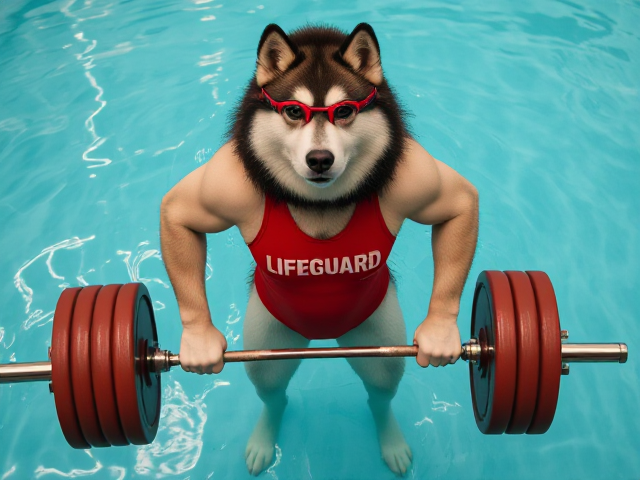 A anthropomorphic alaskan malamute wearing a red lifeguard one piece swimsuit and swimming goggles, deadlifting a barbell at the bottom of a pool