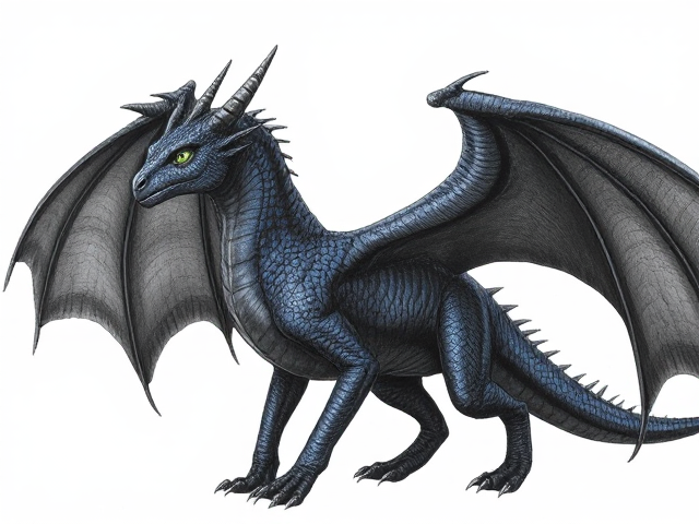 Young Female dragon with dark, midnight blue scales and huge obsidian black wings; obsidian black underbelly and clawed feet. She has small spikes that align from her head horns down to her back jaw. Her eyes are venom green. Narrow, beautiful face and an elegantly long neck. Has small ears like a horse. Powerfully built with taut muscles under her scales. She moves purposefully and proudly; has an expression of maturity and seriousness in her face