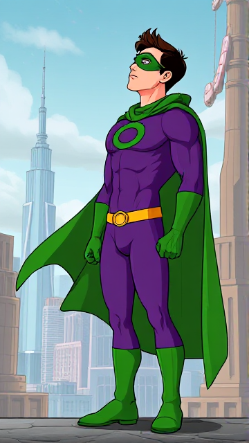 Modern Cartoon scene: A young, Autistic 25-year old boy with light skin and flat, smooth, and slick brown hair named T.J. Granger, but transformed into a genetically-altered superhero named Powerman, who, despite still being a young adult kid, has an extremely muscular body. He wears a sleek purple suit with a green P symbol on his chest, a gold belt with a circular buckle, green briefs, green boots, green long-cuffed gloves, a really big, toe-length long, ultra-wide green cape wreathed around his neck, and a green eye mask that protects his true identity. He also has incredible and invincible superpowers flowing through his veins. In this scene, Powerman is currently standing in the alien city on his masters' home planet of Zantal, where he looks up to the cosmic skies with a look of justice, sensing that something is wrong, and he knows he must investigate.