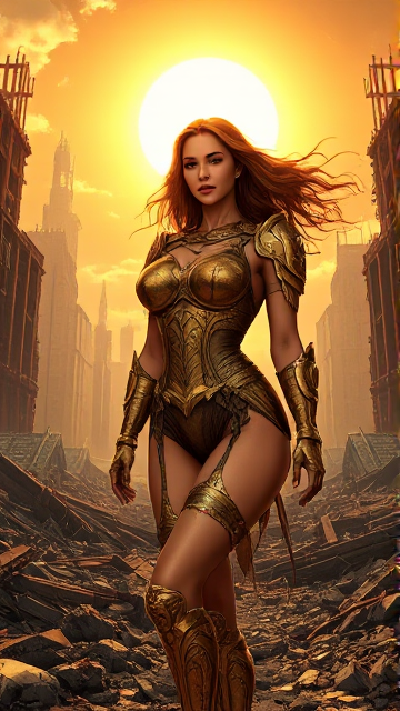 A surreal and sensual scene of a mysterious woman in ornate armor, standing amidst the destruction of a once-vibrant city. The sun casts a golden glow on the scene, highlighting the woman's beauty and the remnants of life around her. The armor has intricate designs, and her hair flows in the wind like an ethereal cloud. A fantastical, almost dream-like atmosphere envelops the scene, with the sense of life and destruction coexisting in a delicate balance.