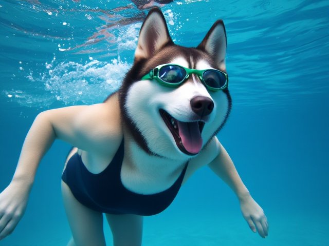 A anthropomorphic Siberian Husky wearing swimming goggles and a one piece swimsuit underwater