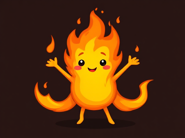 Fire with two arms and two legs and a face